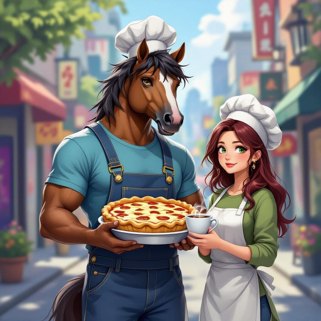 Mythical Centaur Chef with Pie in Vibrant City