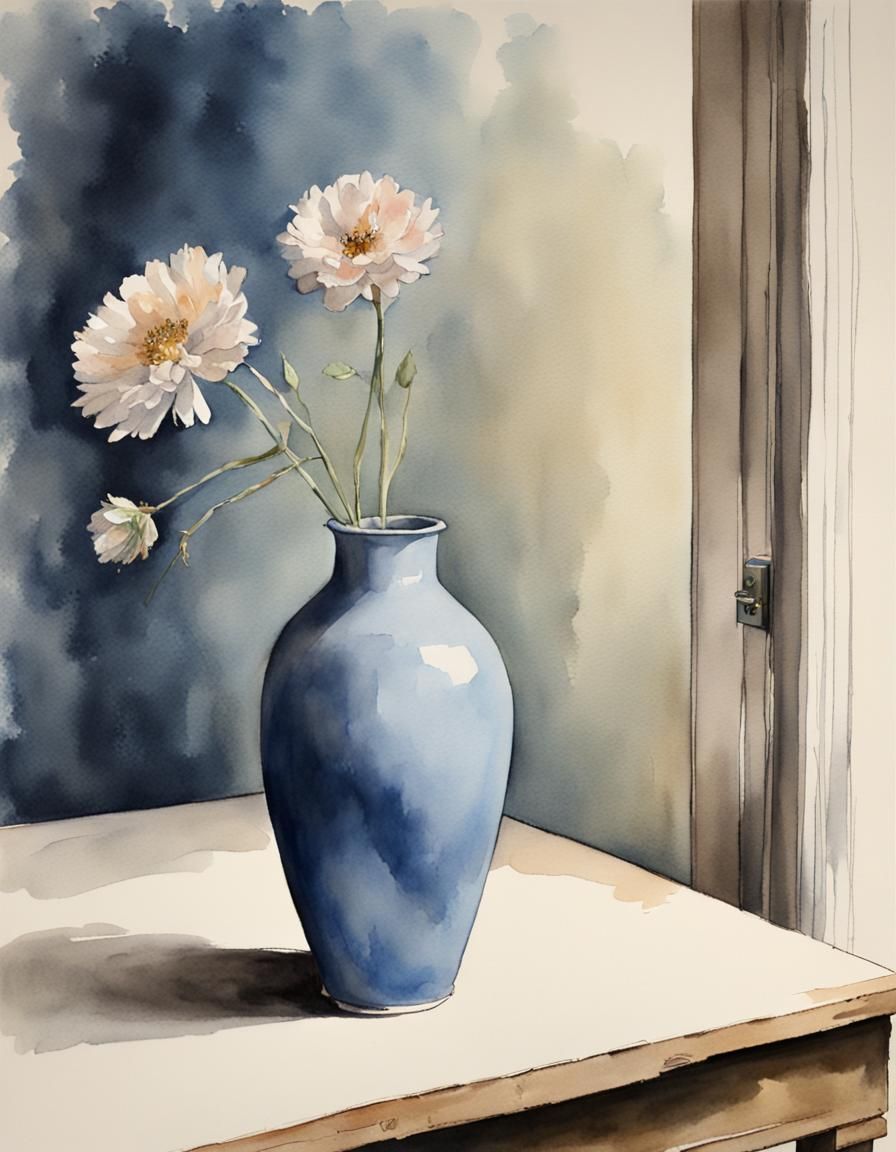 Blue Vase with Flower: Watercolour Still Life