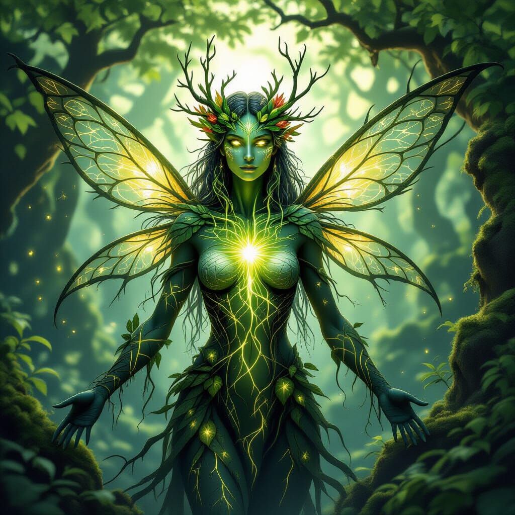 Magical Forest Guardian with Root Wings