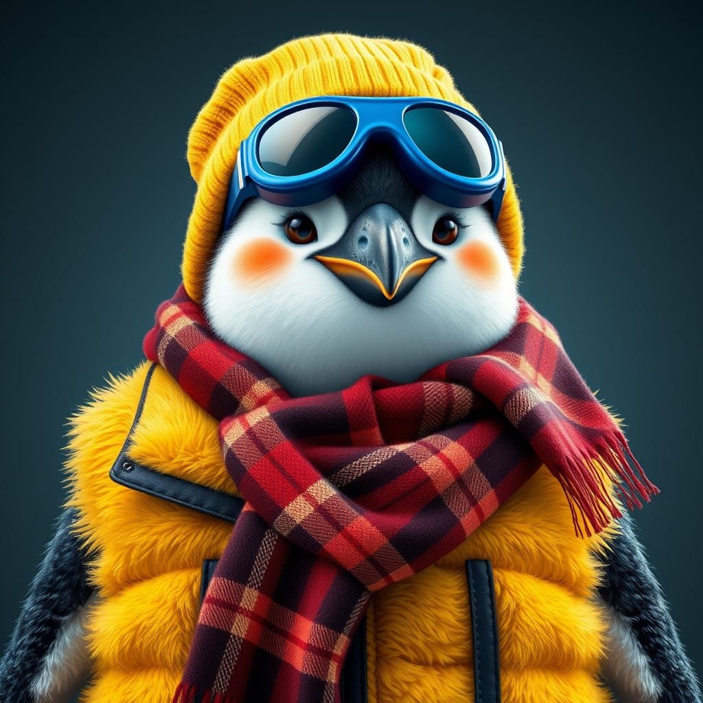 Cute Hyperrealistic Penguin in Plaid Scarf and Goggles