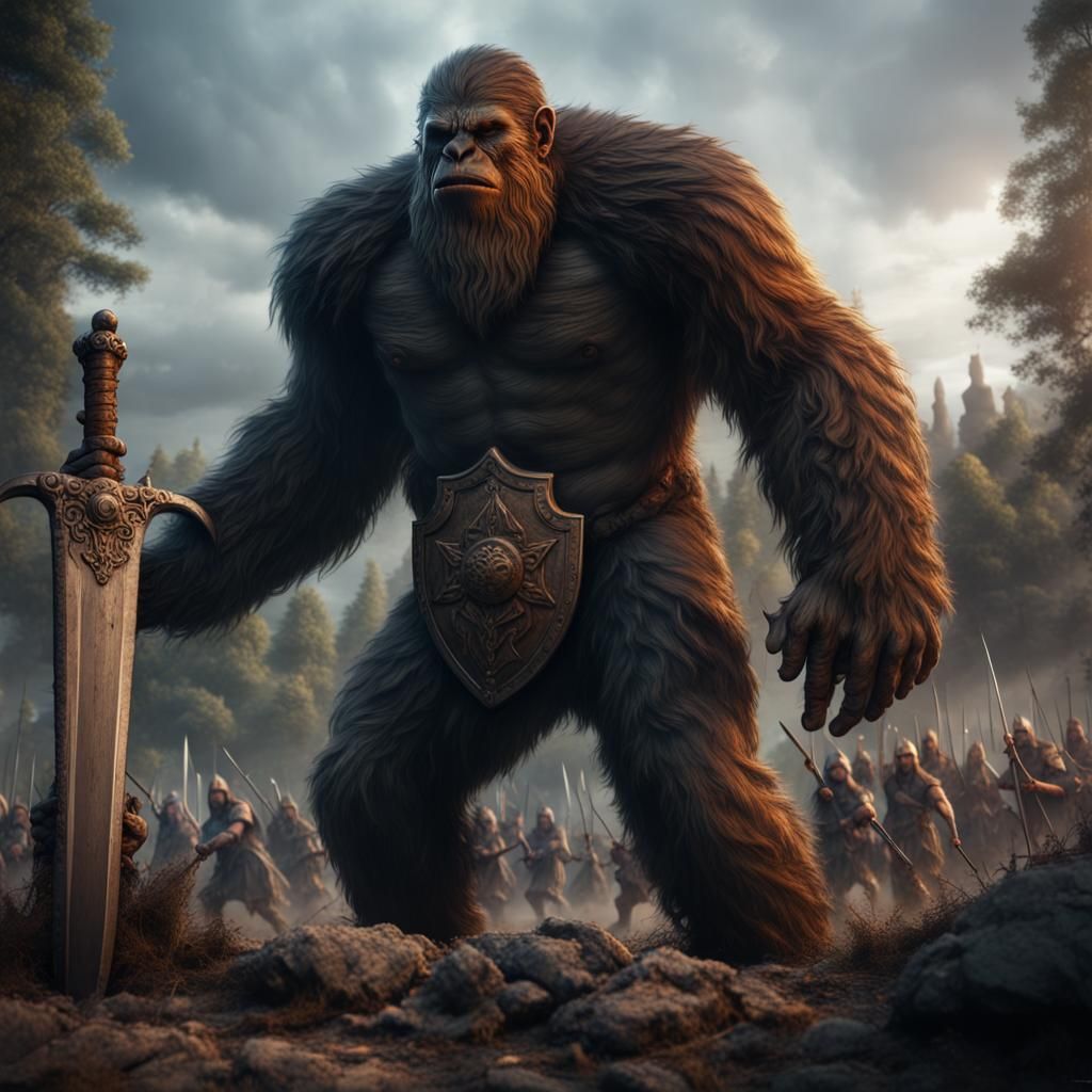 Bigfoot Victorious on Roman Battlefield, Detailed Matte Pain...