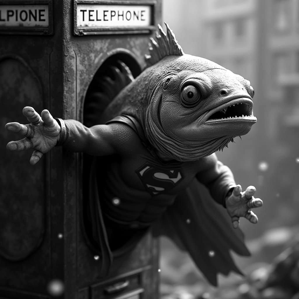 Fish in Superman Costume Emerge from Vintage Phone Booth