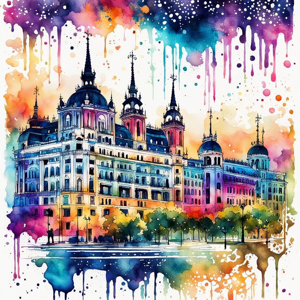 Dreamy Madrid Nights in Watercolor Mosaic Style