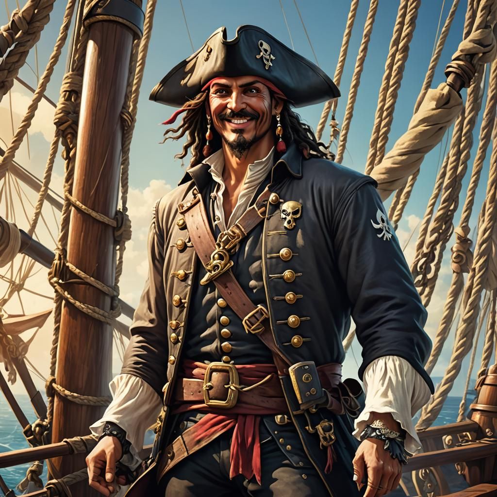 Handsome Pirate in Rigging with Jolly Roger