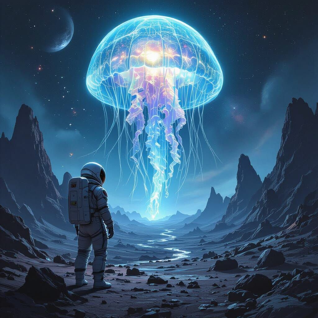 Astronaut and Bioluminescent Jellyfish on Alien Planet