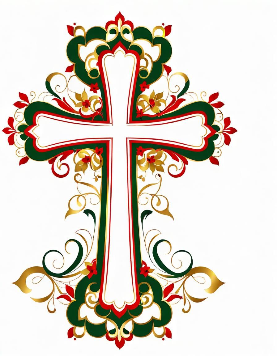 Floral Christmas Cross with Gold Swirls