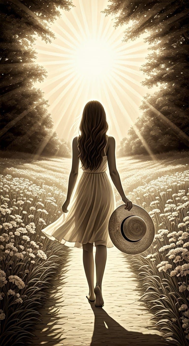 Elegant Woman in Sun Dress: Monochromatic Ink Drawing