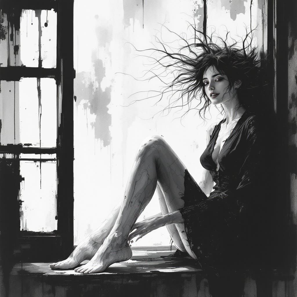 Distorted Biomechanical Portrait in Ink Wash Style