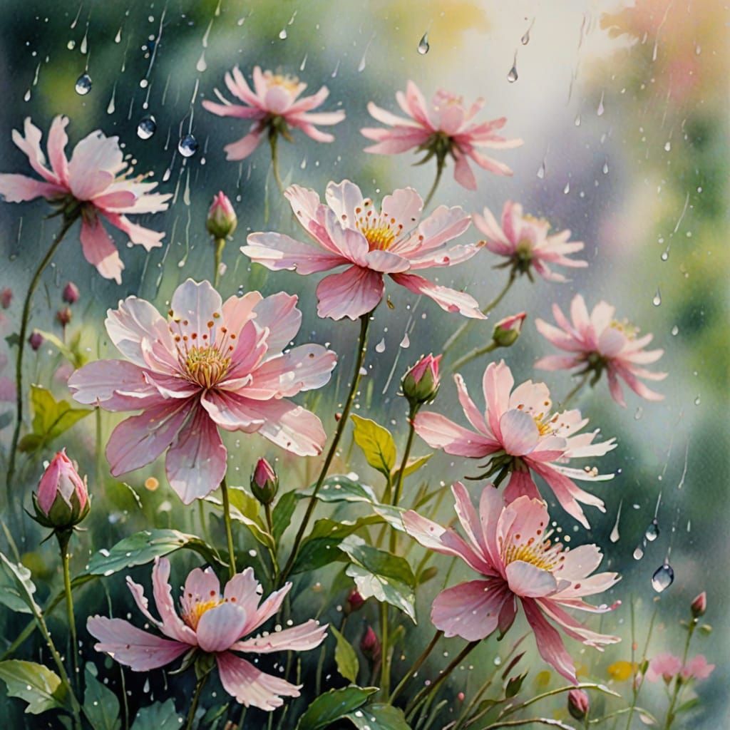 Pink Flowers with Raindrops: Watercolor Impression