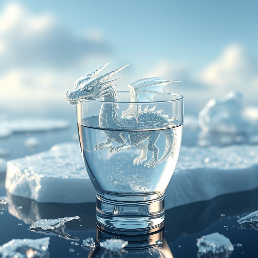 Surreal Water Dragon on Iceberg in 3D Anime Style