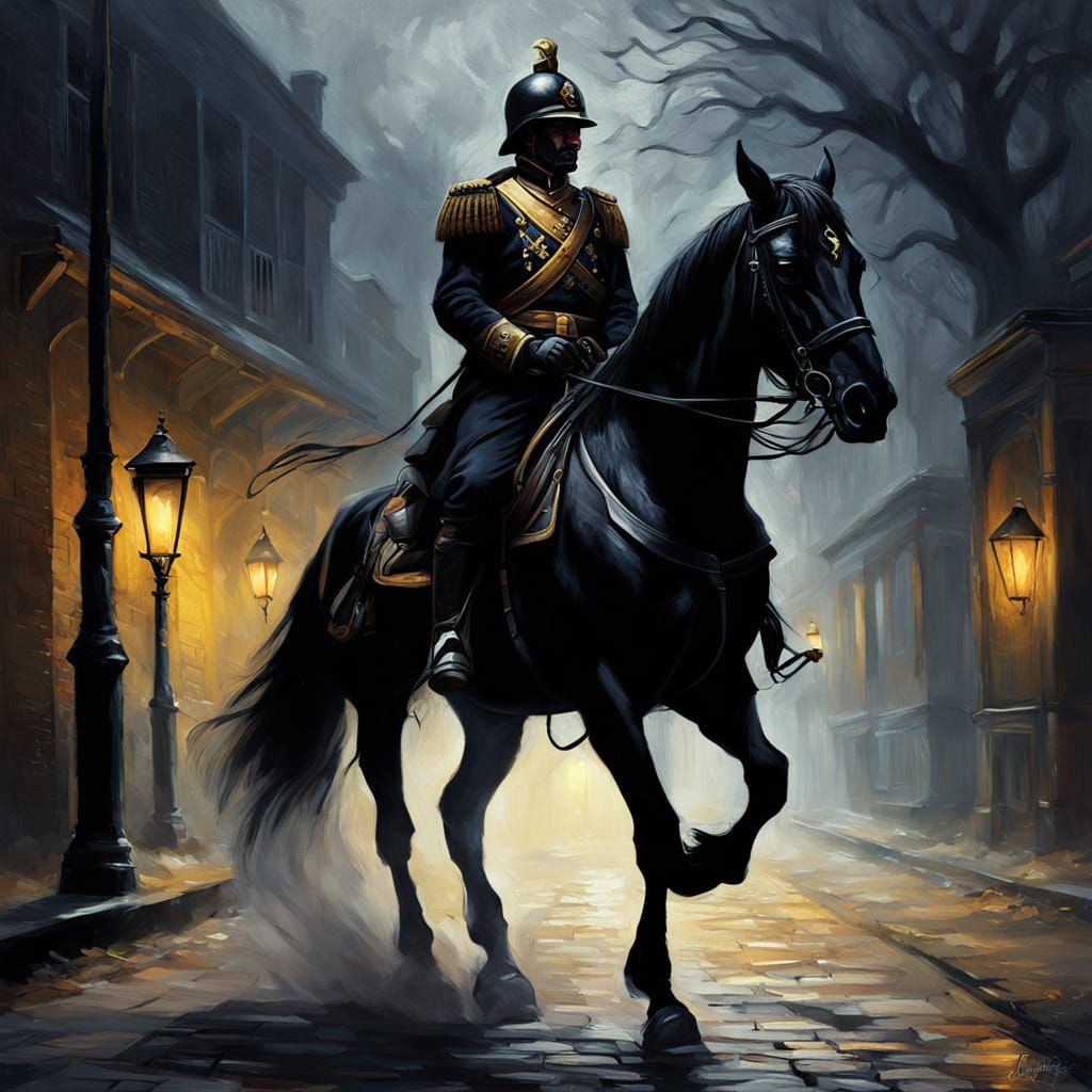 Eerie Rider Dismounts in Dark Fantasy Oil Painting