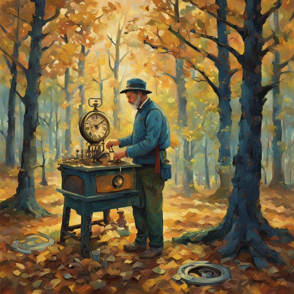 Clockmaker in Forest: Post-Impressionistic Van Gogh Style
