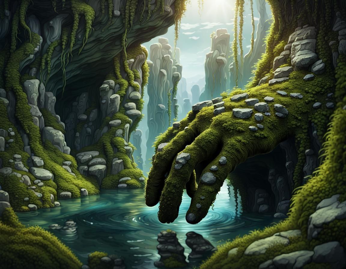 Overgrown Stone Hand Landscape in Detailed Matte Painting