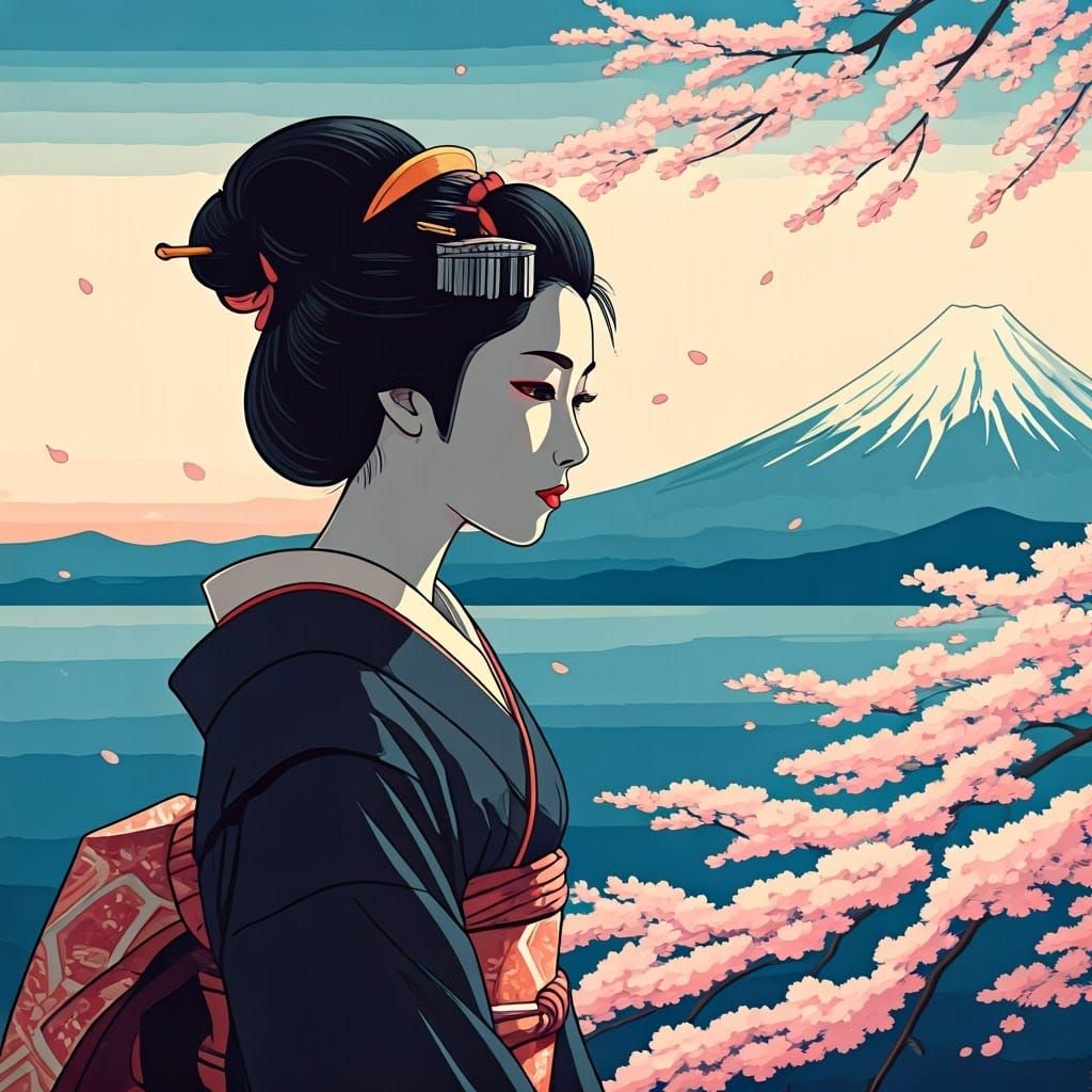 Geisha Gazing at Mount Fuji: Ukiyo-e Woodblock Print
