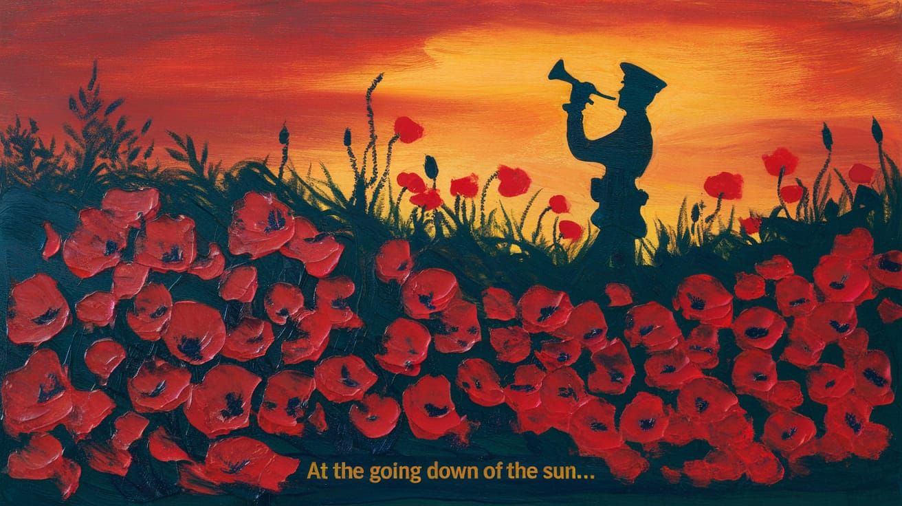 Poppy Field Sunset with WWI Soldier in Gouache Style