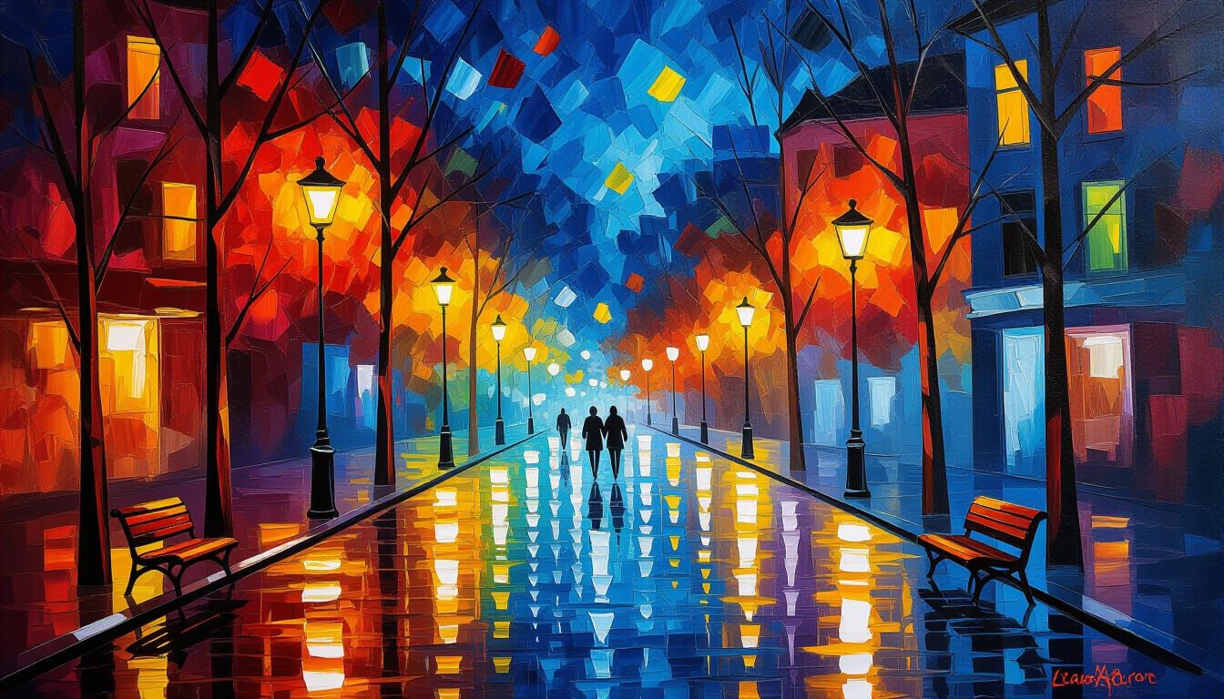 Vibrant City Night Scene in Impasto Gouache Style