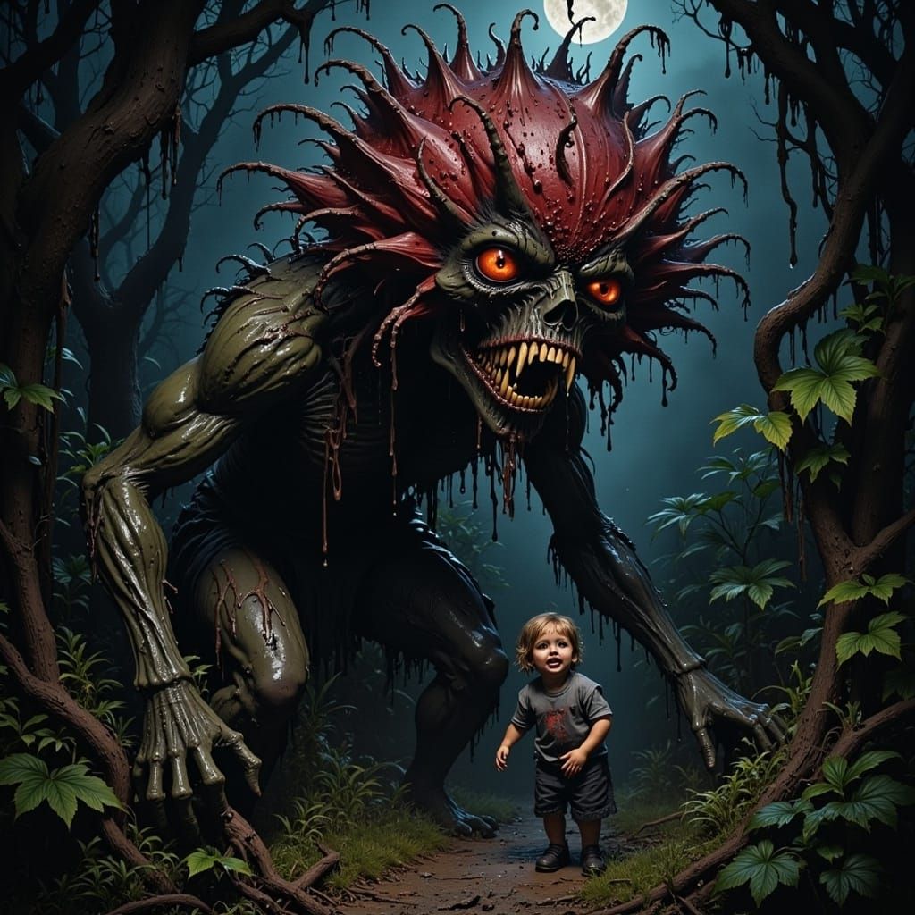 Monstrous Flower with Glowing Eyes in Dark Garden