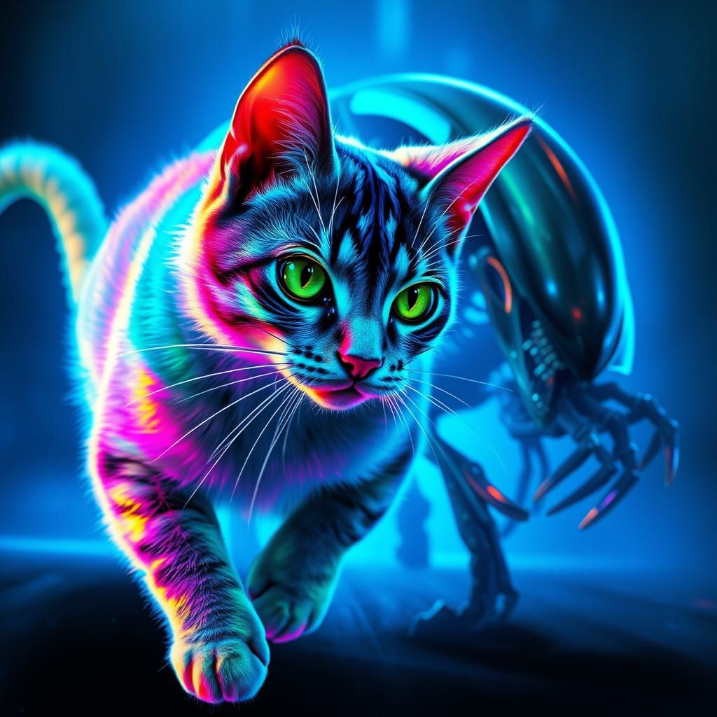 Cyberpunk Cat Chased by Xenomorph in Vibrant, Ethereal Dream...