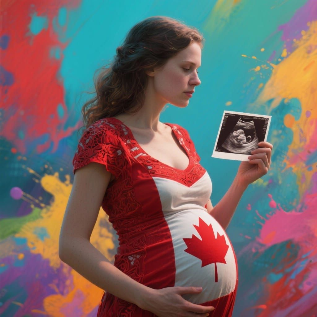 Pregnant Woman in Canadian Themed Dress with Ultrasound