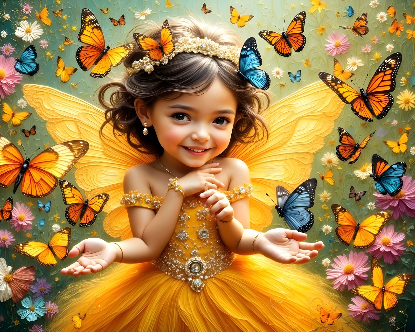 Joyful Princess in Butterfly Garden Oil Painting