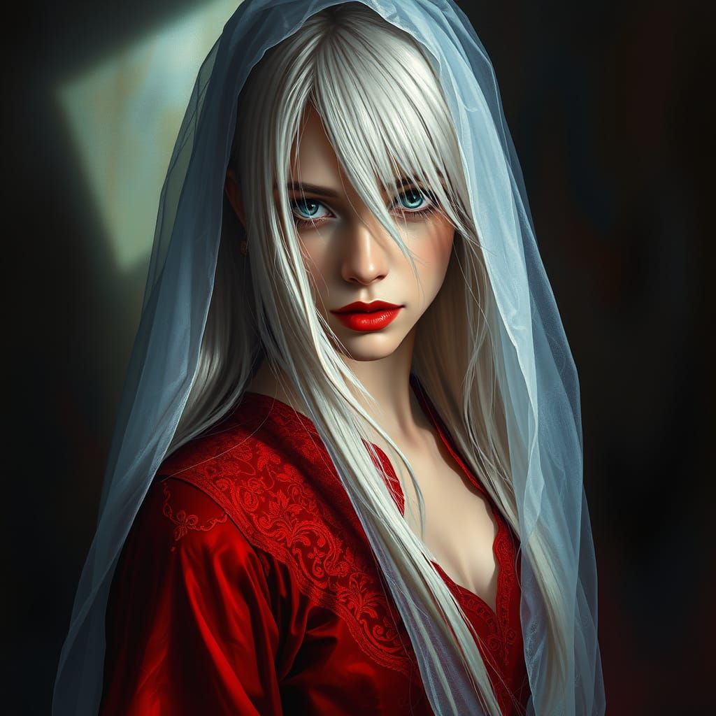 Ethereal Woman in Red Dress and White Veil