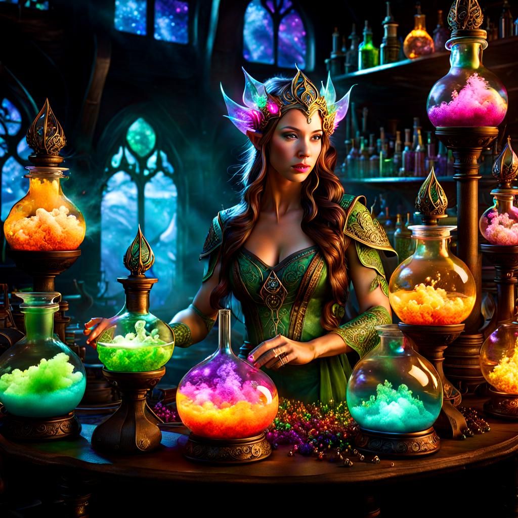 Elven Enchantress in Bioluminescent Alchemy Laboratory