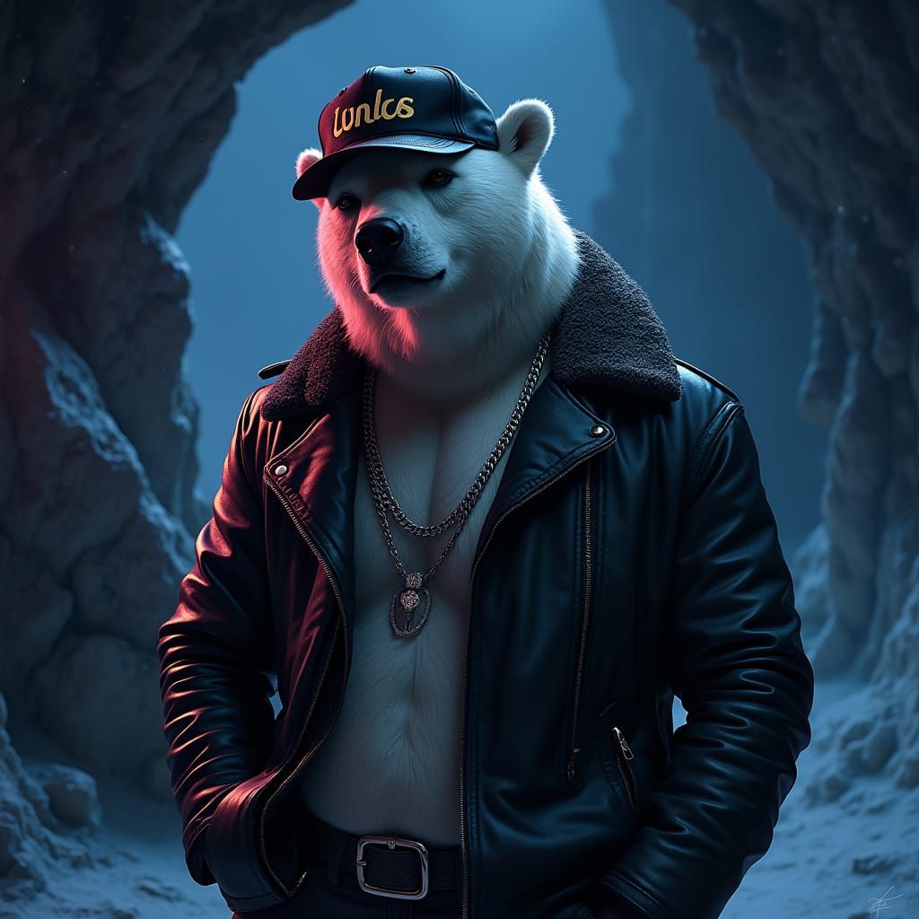 Swaggering Polar Bear in Leather Jacket, Gritty Realism