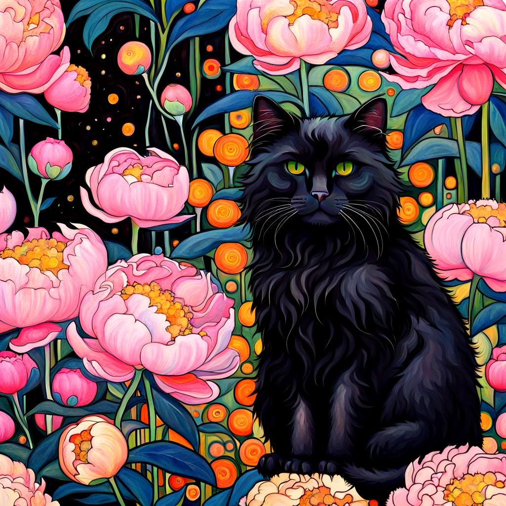 Black Cat with Peonies in Klimt Style