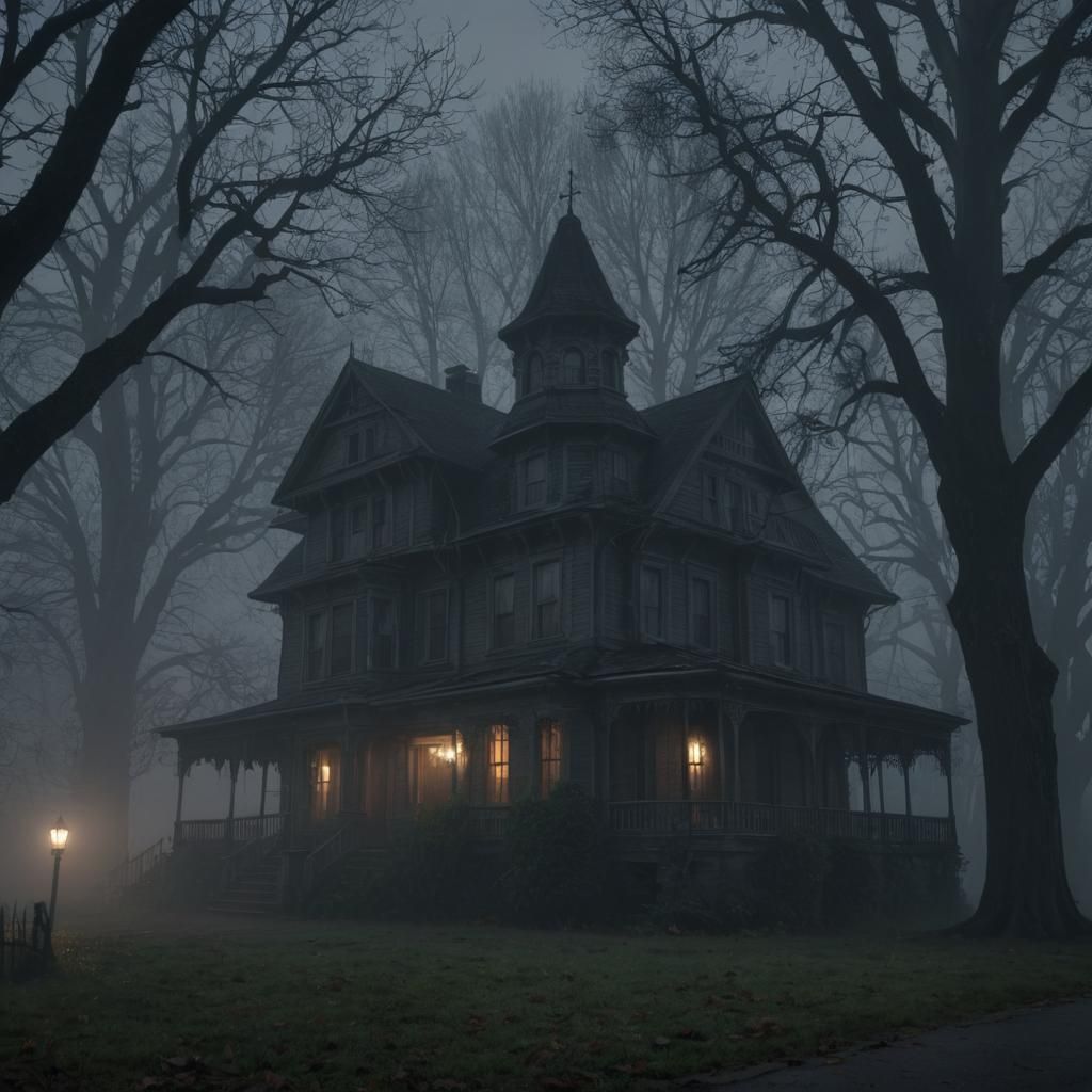 Haunted house, fog, spooky, hyper realism, realistic proport...