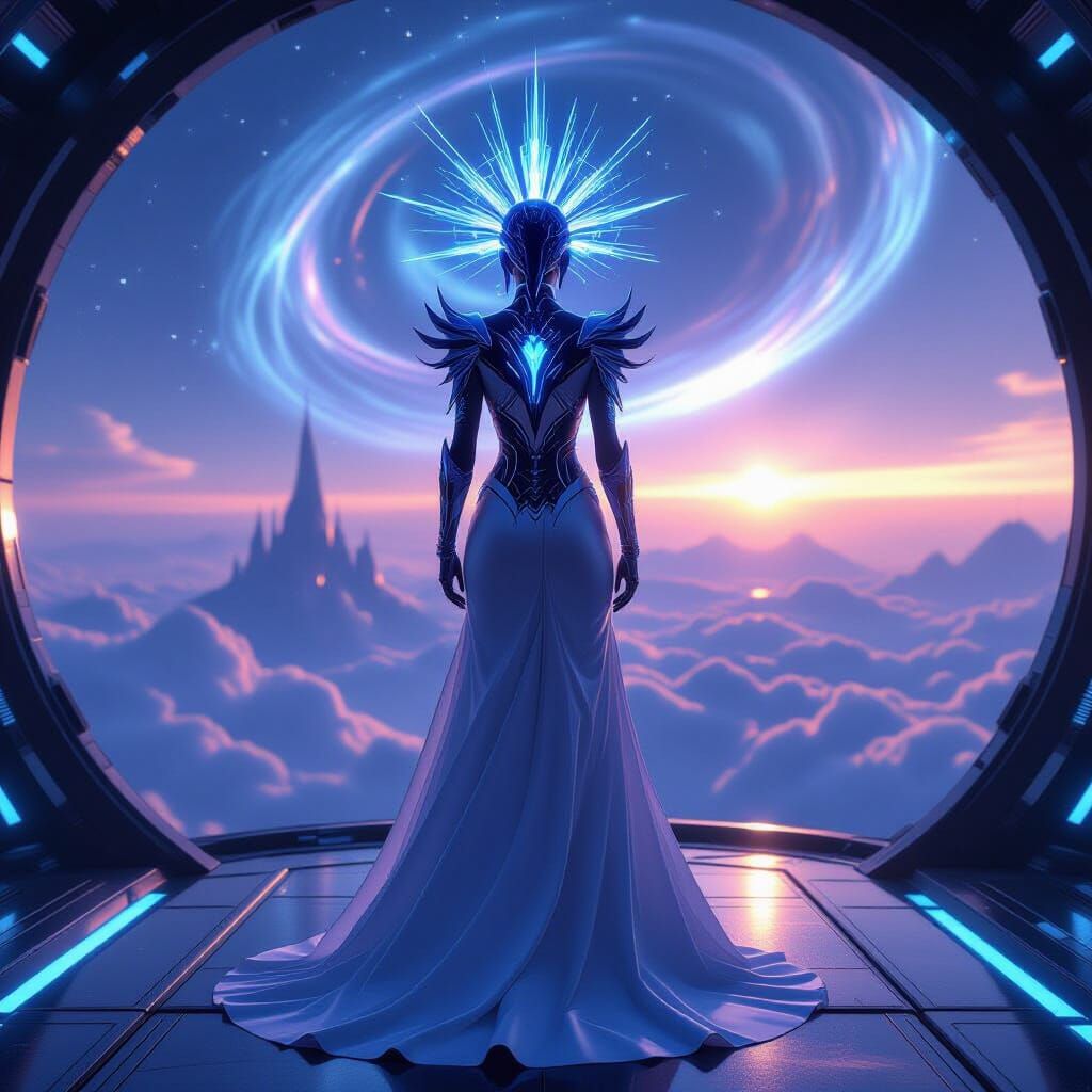Futuristic Empress with Energy Crown on Starship Bridge