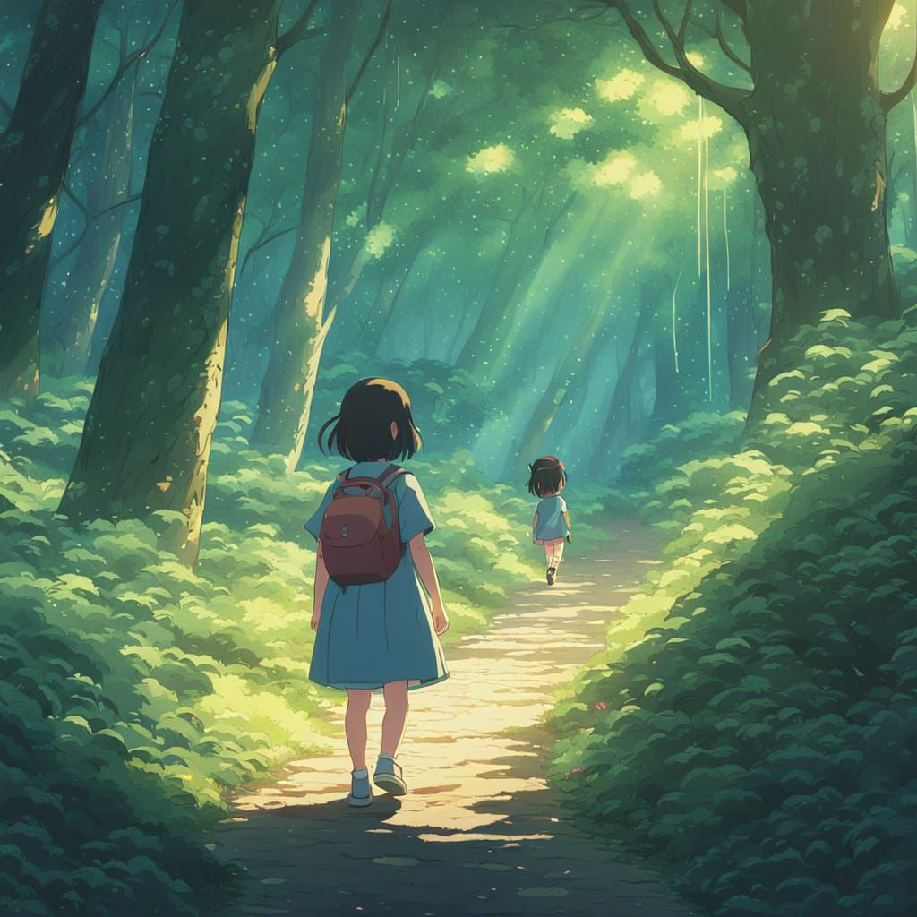 Little Girl Walking in Forest: Studio Ghibli Style