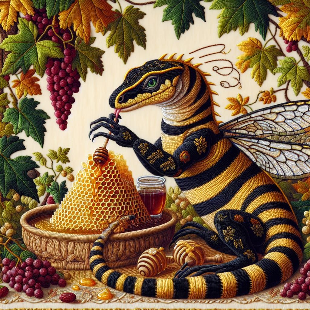 Majestic Lizard-Bee Hybrid Creature in Embroidered Detail