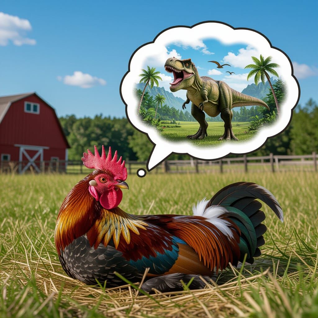 Rooster's Jurassic Dream: T-Rex in Farmyard Fantasy