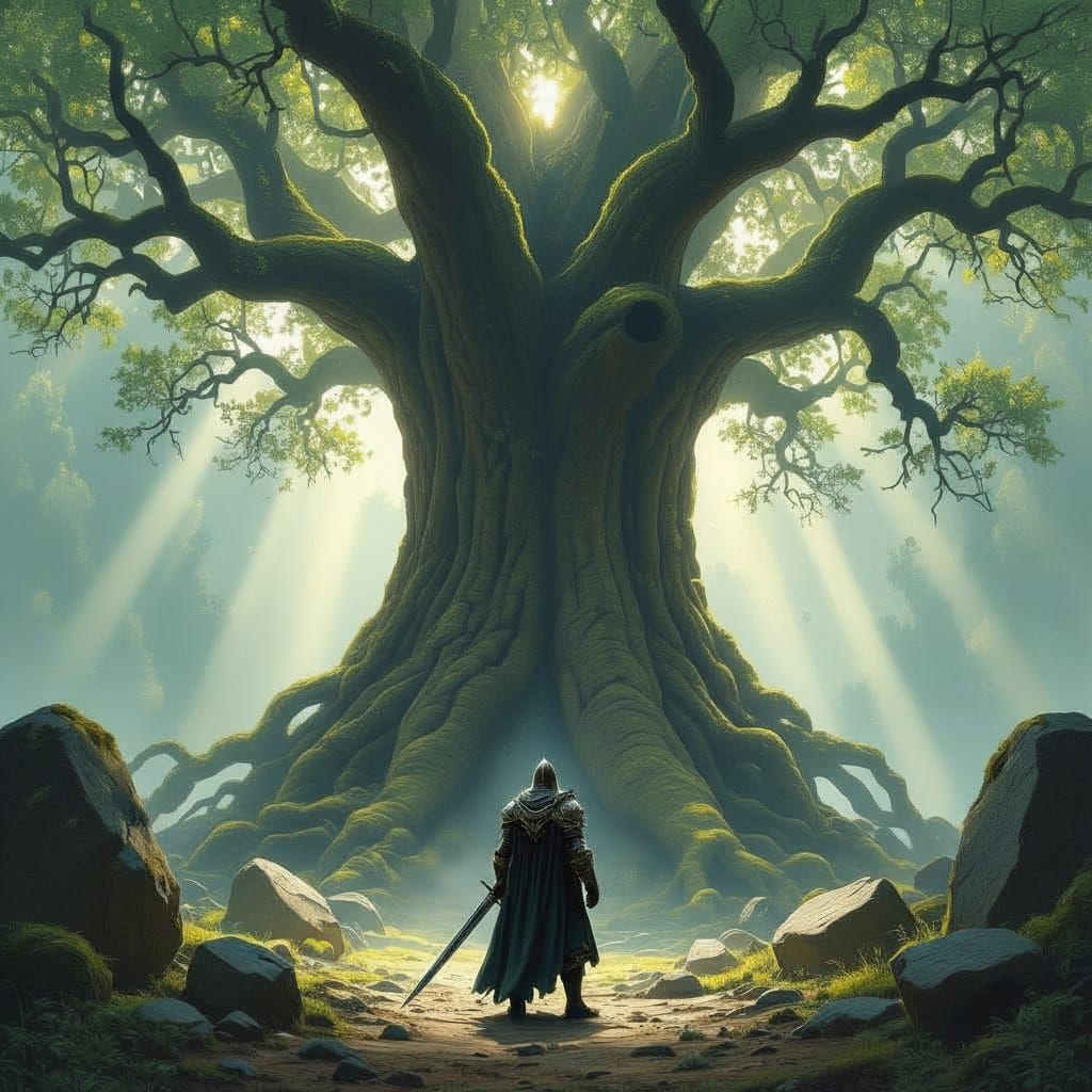 Knight Before Ancient Tree with Giant Stones
