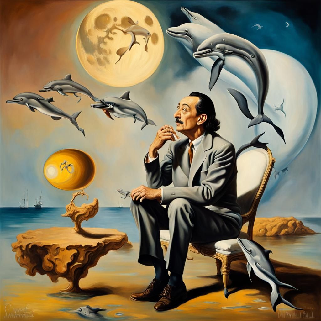 Dali on Fish with Smiling Moon and Dolphins