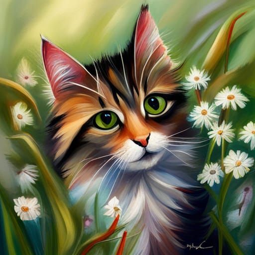 Black Cat in Wildflower Meadow Painting