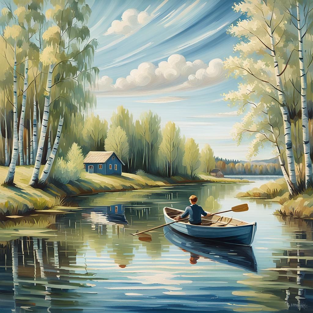Boy Fishing on Lake in Swedish Landscape, Impressionist Styl...