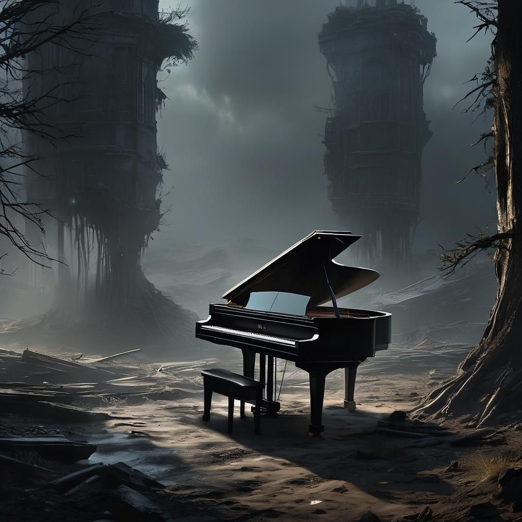 Grand Piano in Desolate Wasteland: Cinematic Concept Art