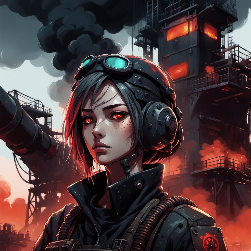 Cyberpunk Soldier in Apocalypse Oil Rig