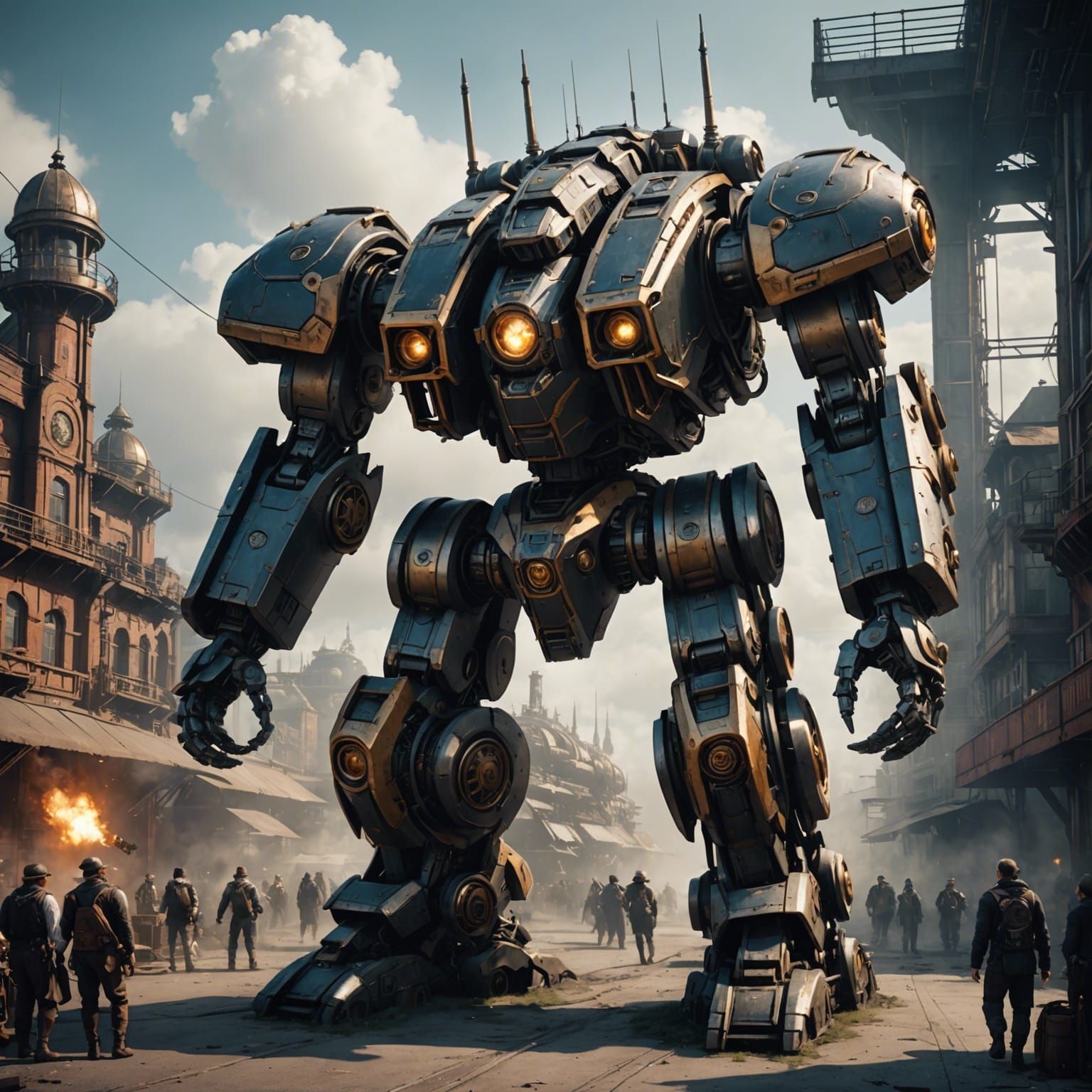 Matte painting of a stunning, majestic, futuristic steampunk...