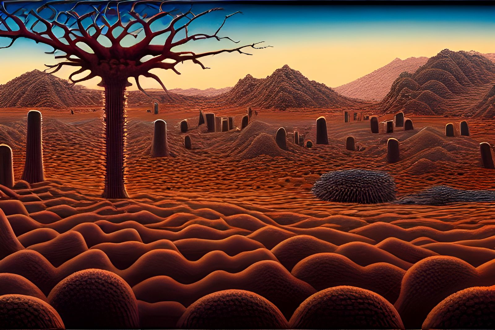 Gigantic Killer T Cell in Surreal Desert Landscape