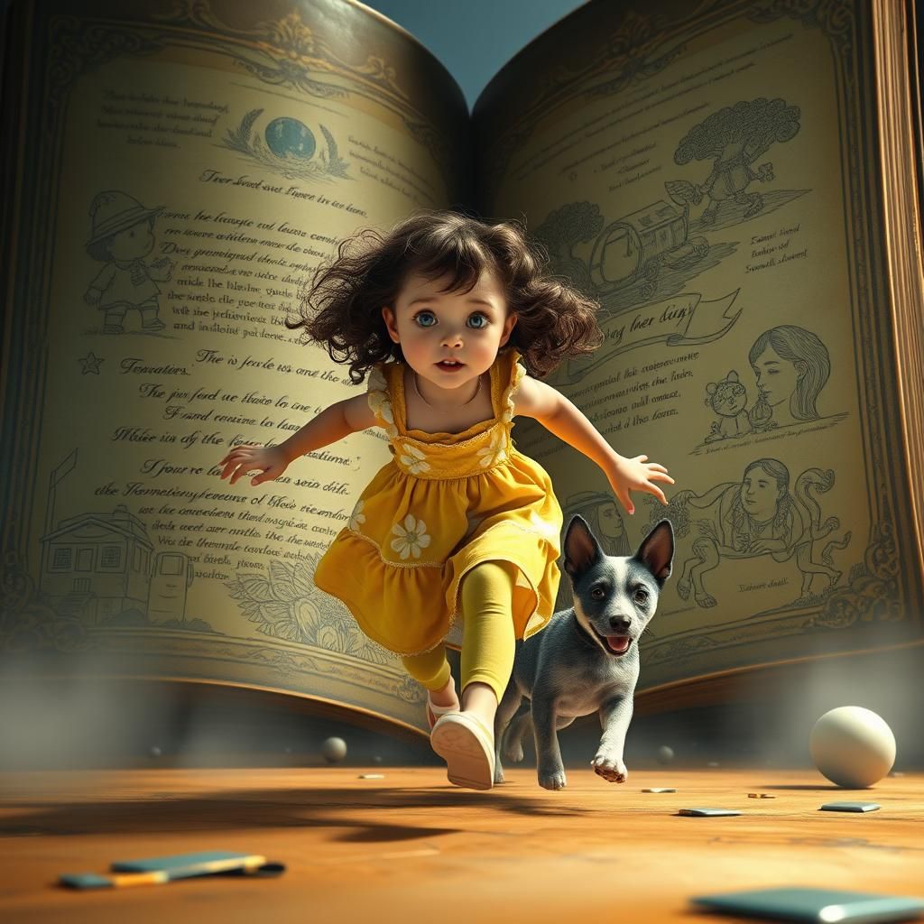 Girl and Dog Escape from Giant Book