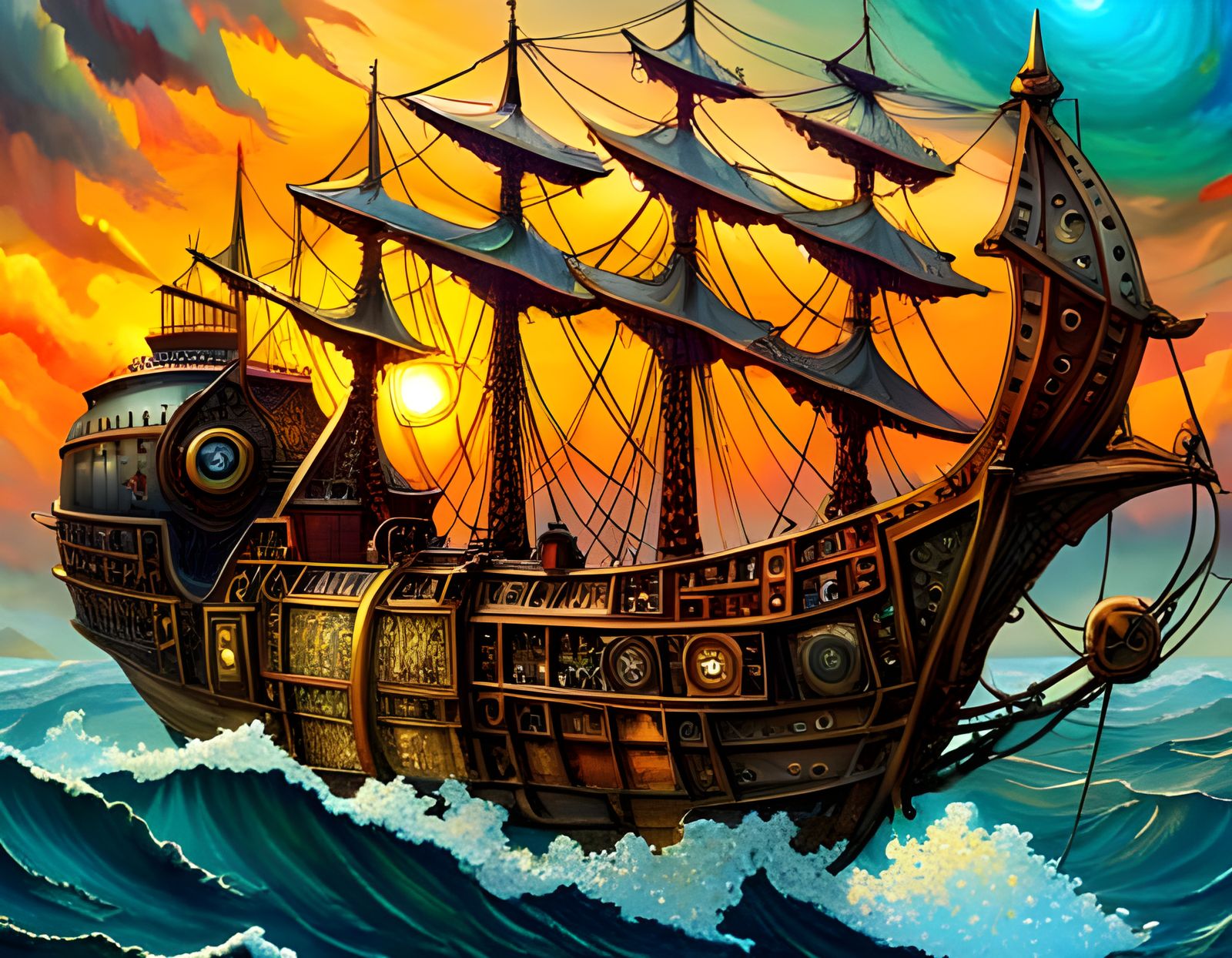 Colorful Steampunk Sailing Ship in Fantasycore Style