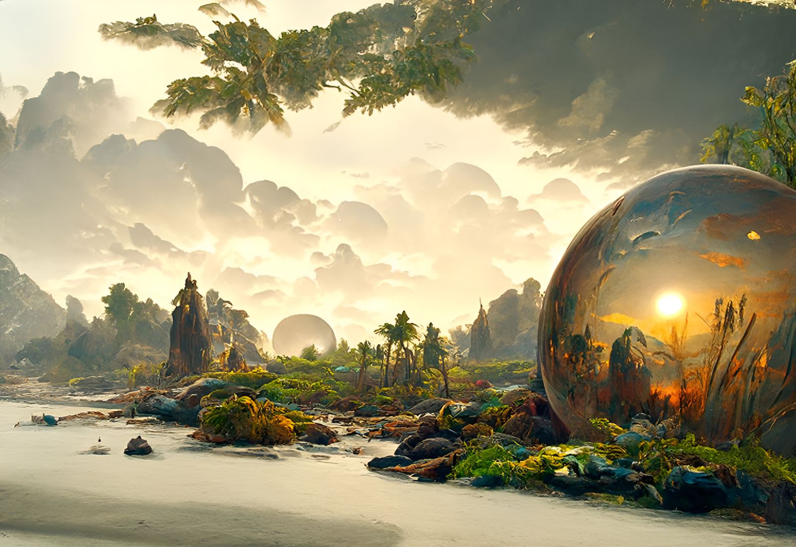 Alien Tropical Island with Glowing Moonrise