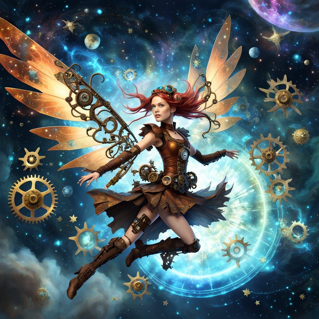 Steampunk Fairy Flight Through Nebula