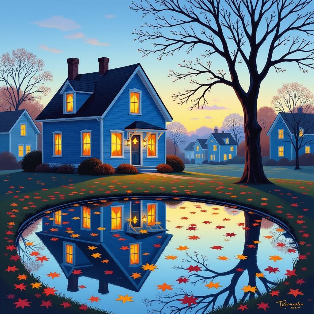 Charming Blue House Reflection in Autumnal Pool