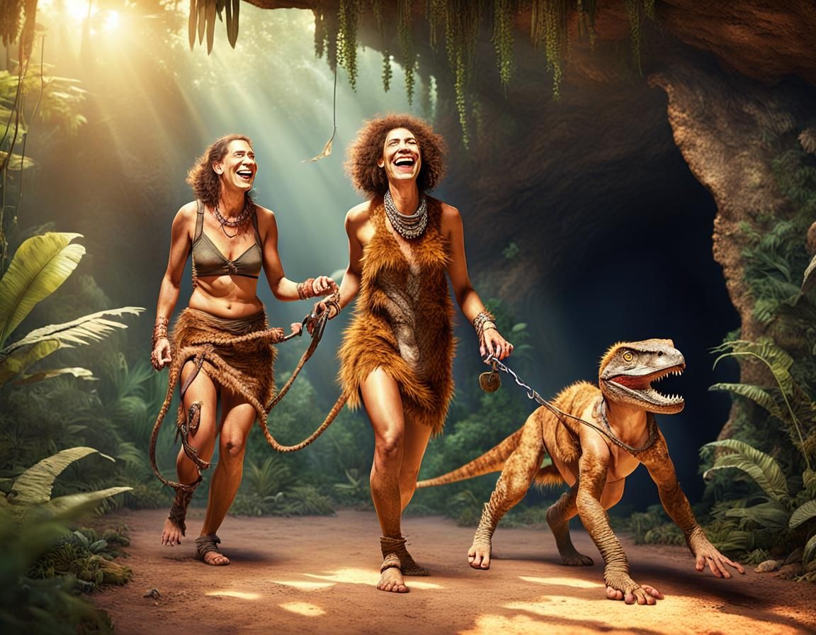 Cave Woman Walking Raptor in Prehistoric Jungle