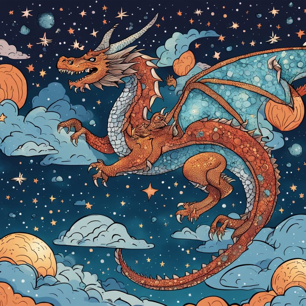 Dragon Flight Through Constellations, a Color Drawing