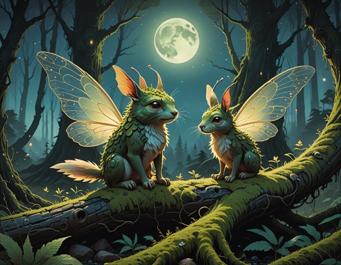 Whimsical Fairy-Tale Creature Under Full Moonlit Sky