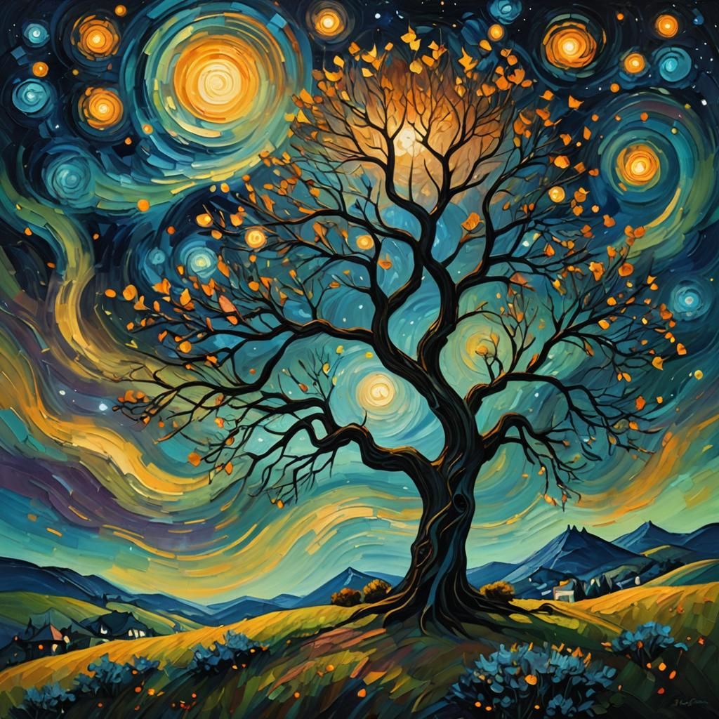 Glowing Tree Under Starry Sky as Impasto Painting